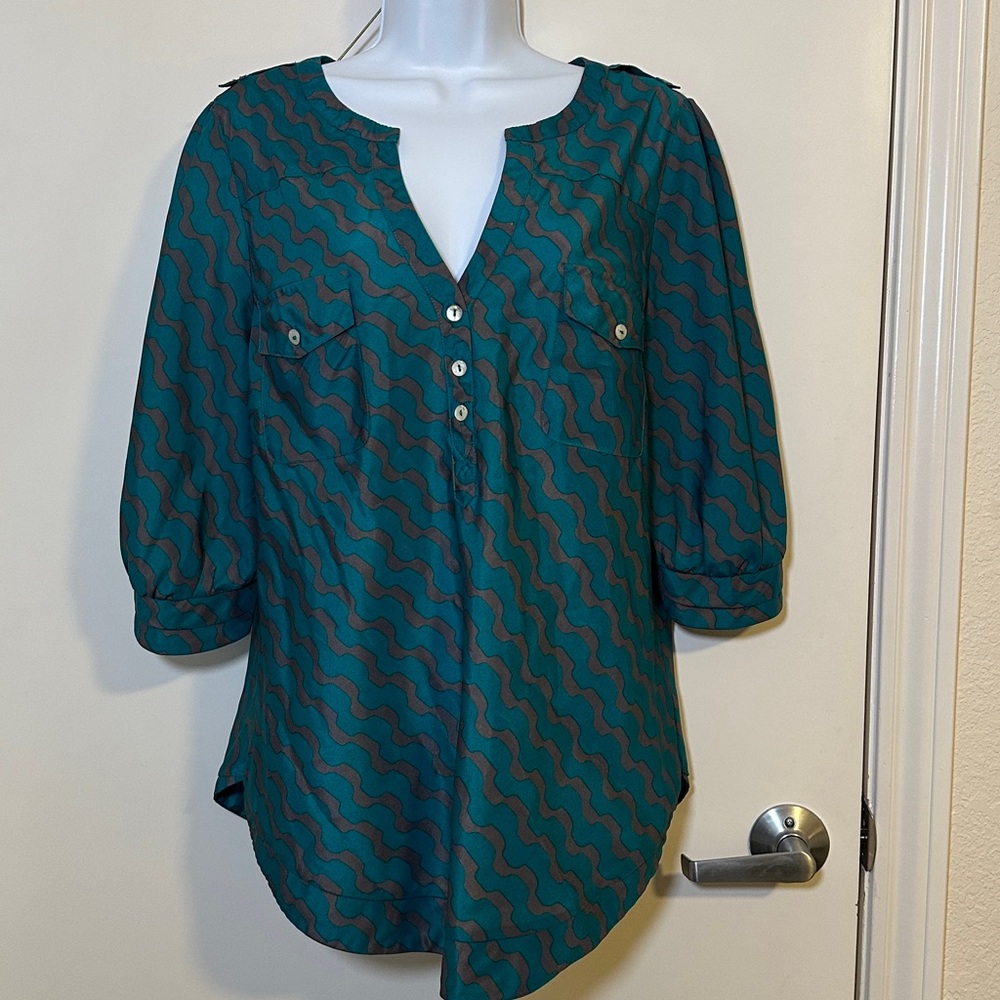 Teal and Gray Patterned Women's Top
